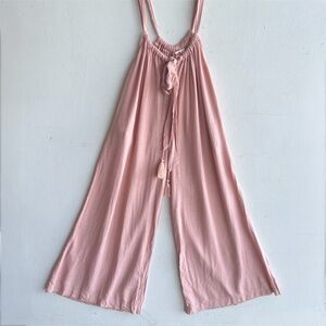 Mazik Boho Pink Linen Wide Leg Suspender Jumpsuit Overalls with Tassels NEW